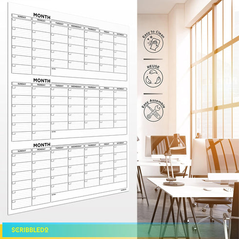 Large 36"x48" Quarterly White Board Calendar, Dry Erase Wall Calendar for 3 Month Planning with Markers and Eraser