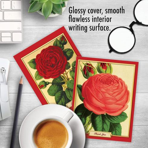 The Best Card Company 10 Assorted Thank You Notes Boxed Set, 4 x 5.12 Inch with Envelopes, Retro Roses