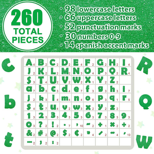 Qyeahkj 260Pcs Glitter Green Bulletin Board Letters, 4” Letter Combo Pack Set for Classroom Wall Decor