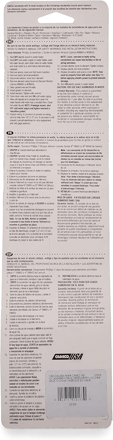 Camco 02163 Water Heater Element for Efficient Heating