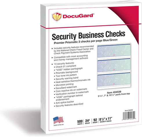 DocuGard Premier Prismatic Check, 13 Features, 8.5 X 11, Blue/Green Prismatic, 500/ream