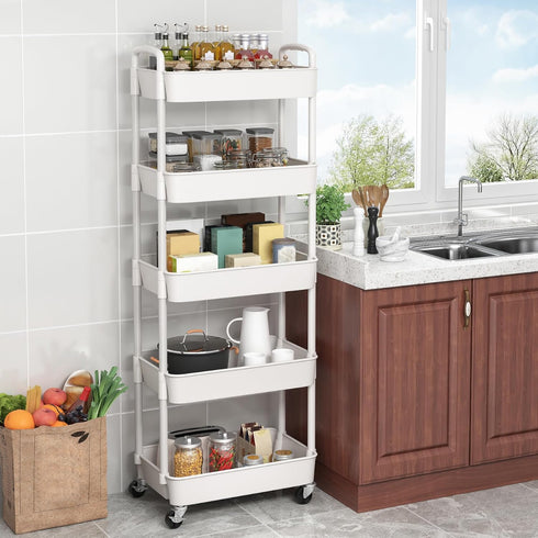 5-Tier Sywhitta Plastic Rolling Utility Cart with Handle, Multi-Functional Storage Trolley for Office, Living Room