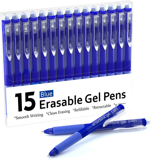 Erasable Gel Pens 15 Pack - Blue Retractable Clicker Fine Point Pens, Make Mistakes Disappear for Writing Planner and