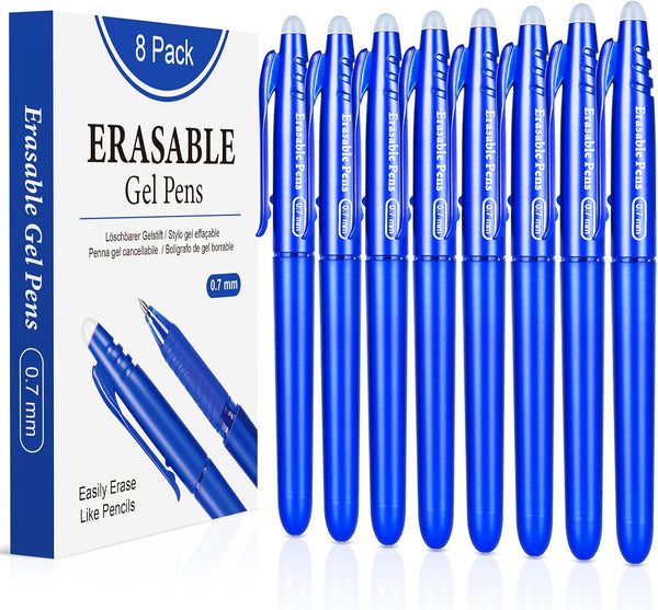 Erasable Gel Pens 0.7mm, KERIFI Blue Heat Erasable Fine Point Ballpoint Pens, Gel Ink Pens with Eraser