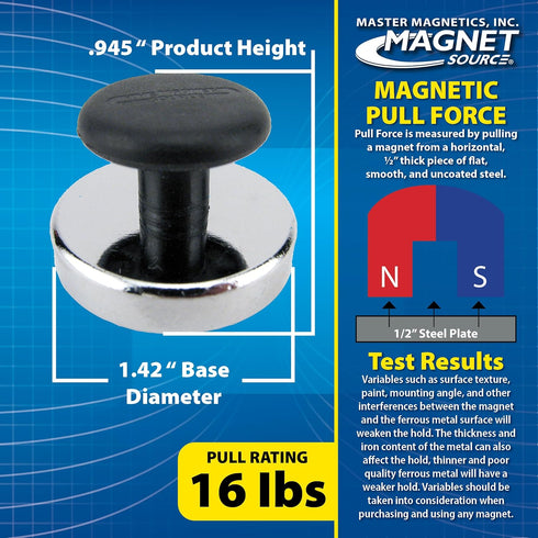 Master Magnetics Heavy-Duty Ceramic Round Base Magnet with Knob Pack, 4-Pack, 16 lb Pull Each, Nickel-Plated
