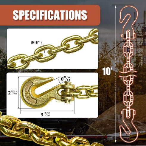 Transport Binder Chain G80 5/16 Inch x 20 Foot | Heavy Duty Tow Chain with Clevis Grab Hooks, 4,900 lbs Safe Working