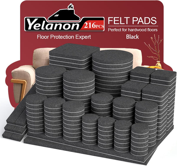 Yelanon Felt Furniture Pads for Hardwood Floors - 216 Pcs Premium Felt Pads for Chair Legs, Black