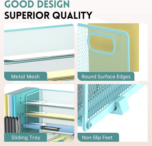 DALTACK Desk Paper Organizer with 6-Tier Tray, 3 Pen Holders, Blue, Storage Organizer for Home Office or School
