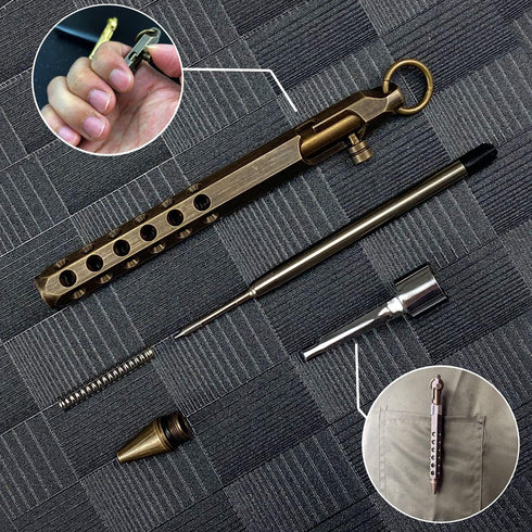 Bolt Action Solid Brass EDC Pen Six-edge Tactical Metal Pen with Refills and Clip for Business, Christmas, Birthday