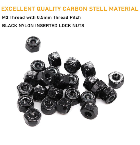 binifiMux 100pcs M3-0.5mm Pitch Black Nylock Nuts, Nylon Insert Self Locking Nuts for RC