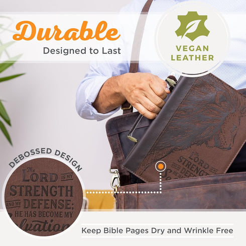 Christian Art Gifts Men's Classic Bible Cover, The Lord is My Strength Lion Exodus 15:2, Brown Faux Leather, Large Size