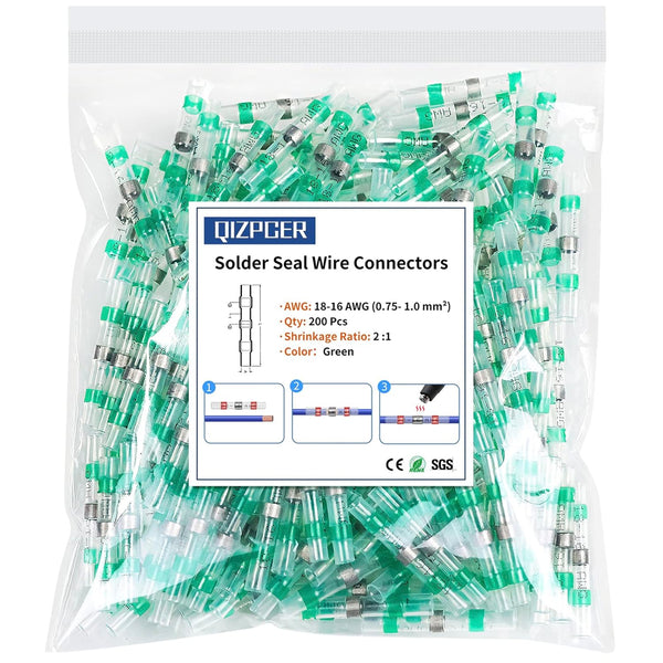 200Pcs Waterproof Solder Seal Wire Connectors, 18-16 Gauge Green Heat Shrink Butt Connectors for Marine, Automotive