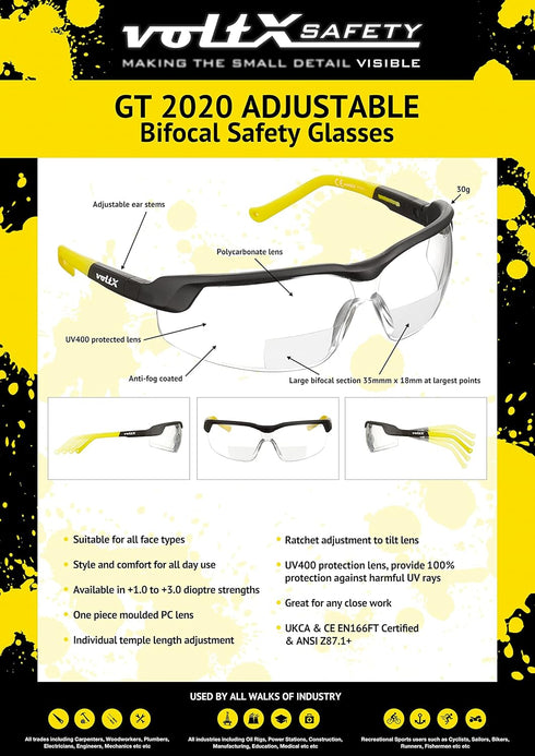voltX GT ADJUSTABLE Bifocal Reading Safety Glasses (Clear Lens +1.5) - Anti-Fog, UV400, Scratch Resistant, Adjustable