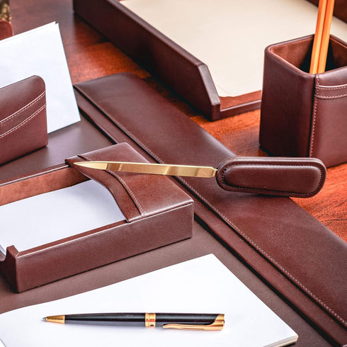 Dacasso Chocolate Brown Leather Letter Opener with Gold Blade