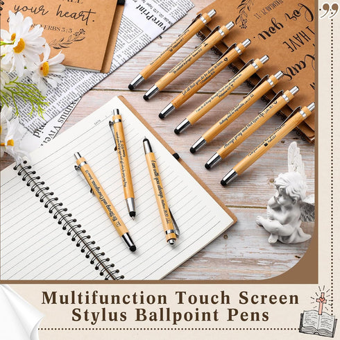 Jetec 100 Pcs Inspirational Bible Verse Bamboo Pens, Wooden Retractable Ballpoint Pens with Stylus for Gifts
