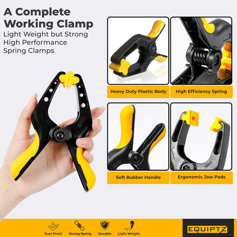 6 inch Spring Clamps Heavy Duty - 4 Pack Large Plastic Clamps for Woodworking, Crafts, Backdrop and Pool Cover with 3 inch Mouth Opening - Rust Free Spring Clips with Non-Detachable Jaw Pads by EQUIPTZ