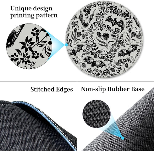 Hancynir Goth Bat Floral Mouse Pad for Desk, Gothic Small Cute Mousepad with Non-Slip Base, Round Mouse Pads