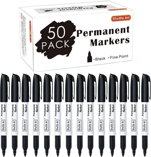 Shuttle Art Permanent Markers, 50 Pack Black Fine Point, Works on Plastic, Wood, Stone, Metal, Glass for Marking