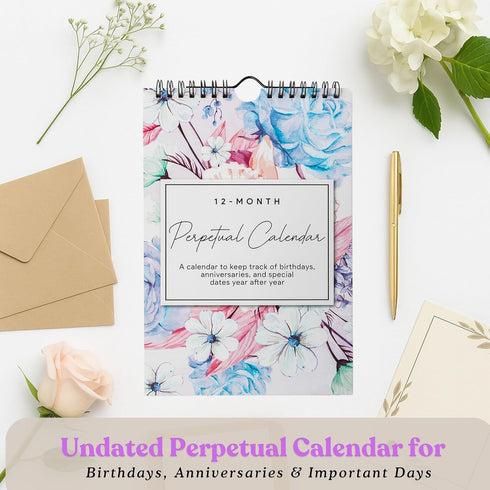 Perpetual Floral Wall Calendar for Birthdays and Anniversaries, 12 Months, Journal for Important Days, 6 x 9 inches