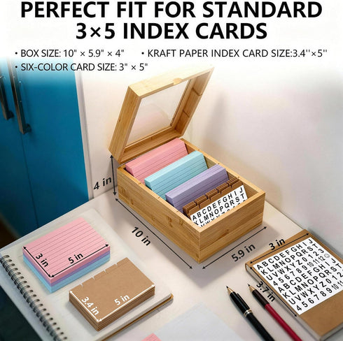 Zonvium 3x5 4 1200 Bamboo Index Card Holder, Bamboo Index Note Business Card Box with Lid, Recipe Box with Lid