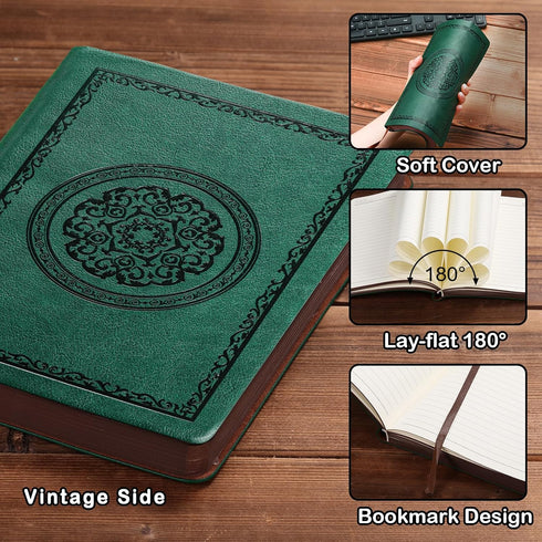 Leather Vintage Journal Notebook, 300 Pages Softcover for Travel, Business, Work, Office, School, 5.7'' x 8.3'', Green