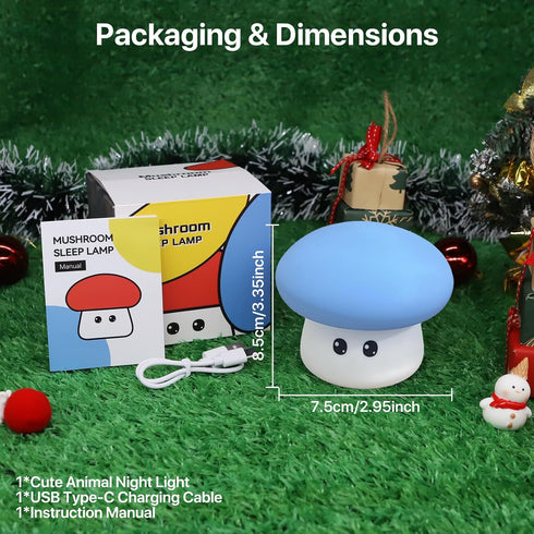 3 Dimmable Cute Blue Mushroom Night Light for Kids Rechargeable, Battery Operated Nightlight Level with RGB&Timer