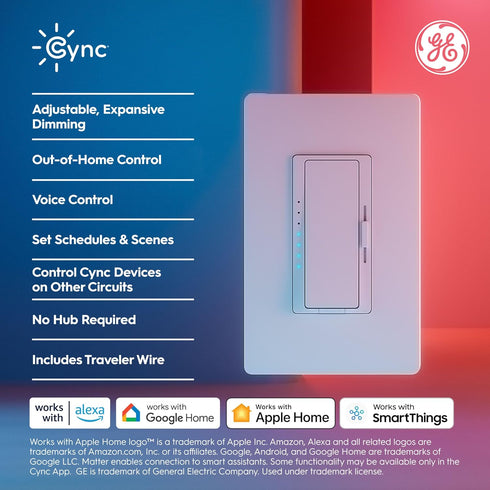 Dimmer Dimmer (1 Pack) GE Cync Paddle Smart Switch, Highly Customizable Switch, Works with Alexa and Google Home