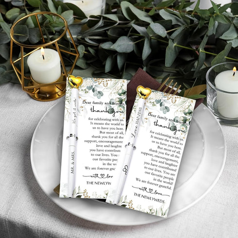 MotiMind 50 Sets Set, Wedding Guest Book Pens White Ballpoint Pens with Gold Heart Top, Thank You Cards Included, Sign