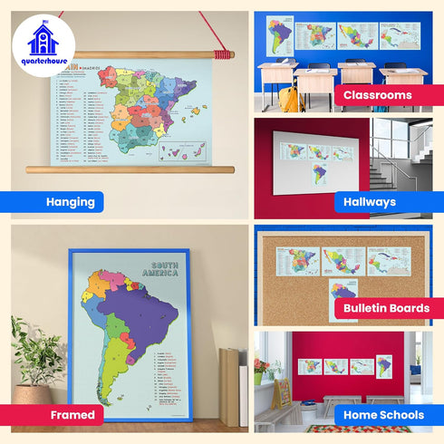 Quarterhouse 4 Poster Spanish Language Country Maps Set, Spanish Classroom Learning Materials, 12 x 18 Inches