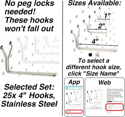 Stainless Steel Pegboard Hooks 25-Pack, 4" L Hook, Fits Any Peg Board for Organizing Tools, Accessories