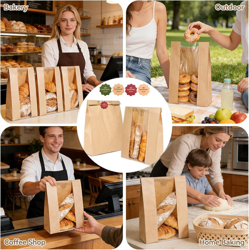 50 Packaging, Funcoo Pcs Paper Bread Bags for Home Sourdough Bread Bakery Storage Bags with Window, Large Bakery Loaf