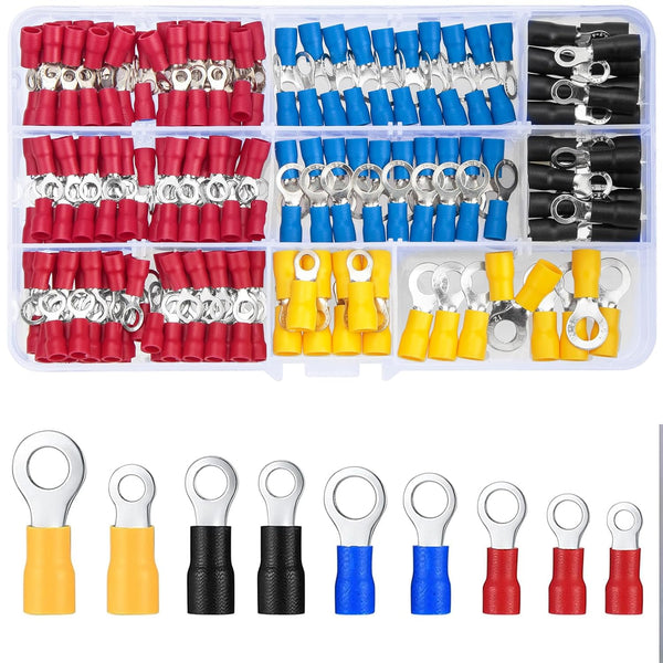 200 Pcs Mixed Quick Disconnect Electrical Ring Terminals, Insulated O Ring Crimp Terminals Connectors Assortment Kits