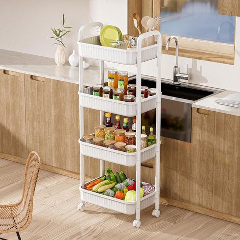 4 JOYZAN Tier Rolling Carts with Wheels, Utility Cart with Handle and Locking Caster, Storage Cart for Kitchen, Office