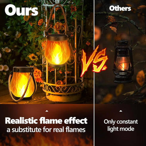 1 Pack Gen2 2 iBaycon Solar Lanterns Lights, Ultra-Real Flame Garden Lights with Dual Charging USB & Solar, Modes