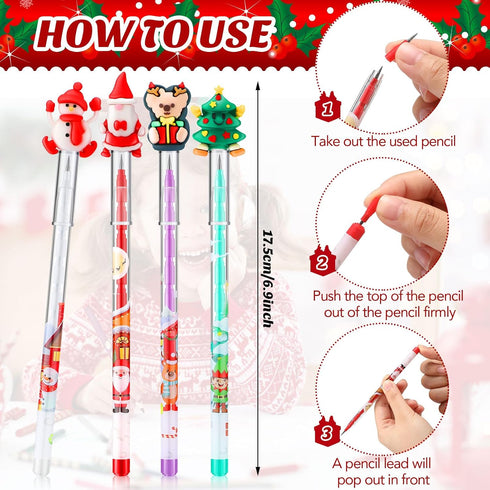 Yexiya Christmas Multi Point Stackable Push Pencil, 48 Pcs Bulk with Xmas Tree Santa Snowman Reindeer Topper