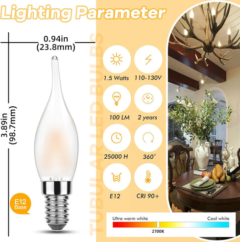 E12 Bulbs,Night Bulbs 15W 1.5W 2700K Bulbs, Non-Dimmable, 6-Pack LED Candelabra Light Equivalent Low Wattage, Warm