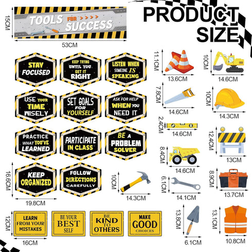 PerKoop 76 Pcs Construction Bulletin Board Set, Classroom Decor Tools for Success with Positive Saying Accents