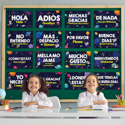 gisgfim 16 Pcs Spanish Words and Phrases Poster Set, Bulletin Board Study Spanish Classroom Decoration for Teachers