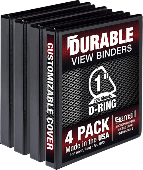 Samsill 1 Inch Durable D Ring Binder, Made in the USA, Customizable Clear View Cover, Black, 4 Pack, Holds 225 Pages