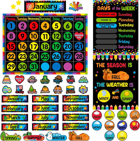 Calendar Bulletin Board Set - Seasons Weather Chart Display with Stickers for Classroom