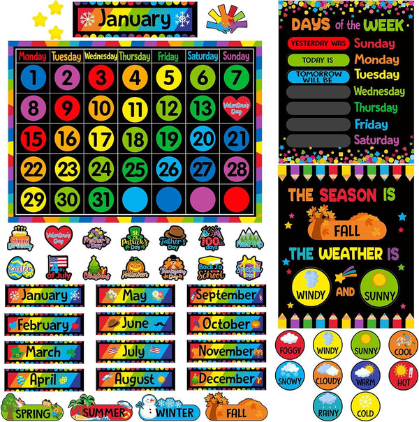 Calendar Bulletin Board Set - Seasons Weather Chart Display with Stickers for Classroom