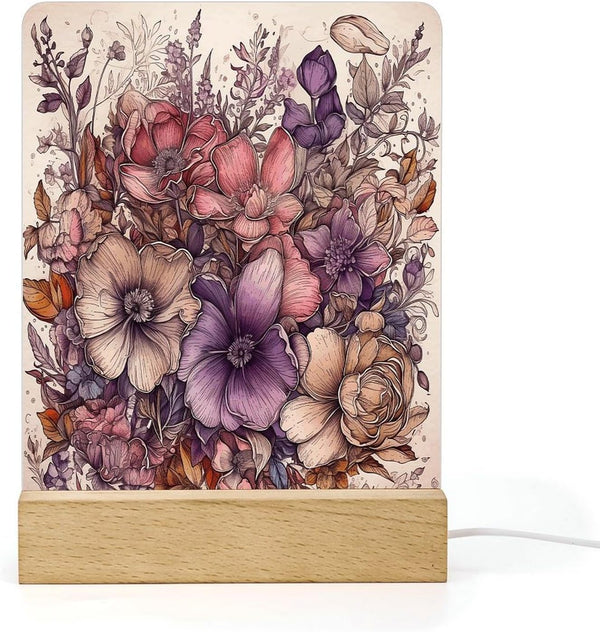 KNASNCHD Floral Design Pattern Night Light with Wood Base USB Interface Power Supply,Bedside