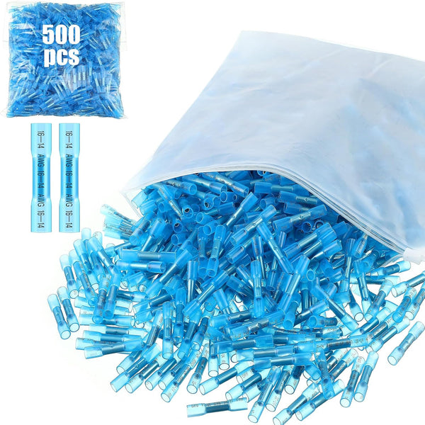 Frienda 500 Pcs Marine Grade Heat Shrink Butt Connectors, Insulated Crimp Wire Connectors, Awg 16-14 (Blue)