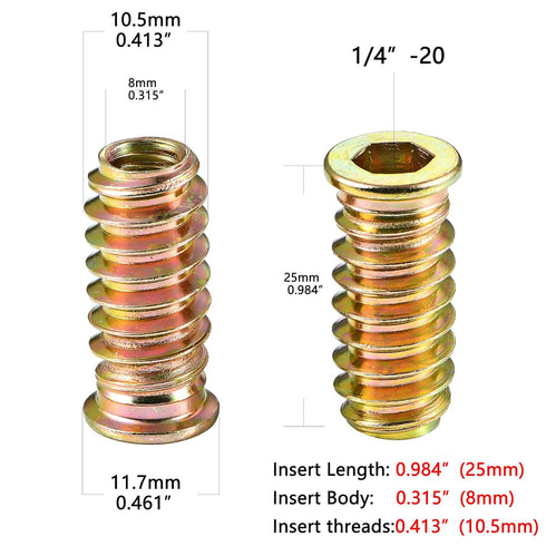 200 Pieces 1/4"-20 Wood Inserts Bolt Furniture Screw in Nut Threaded Fastener Connector Hex Socket Drive for Wood Furniture Assortment (200 Pcs 1/4"-20 x25mm)