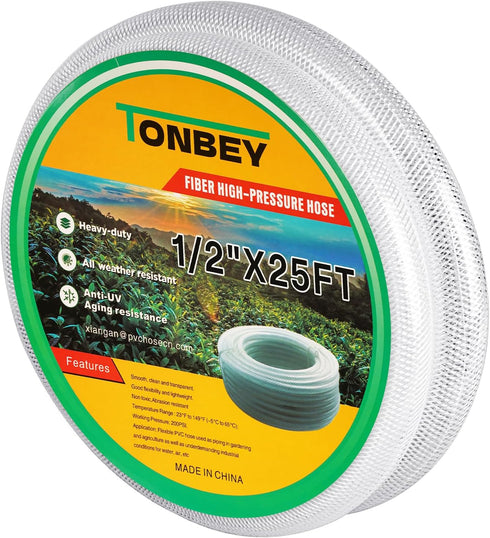 1/2" ID x 25 Ft High Pressure Clear Flexible PVC Tube, Heavy Duty Braided Plastic Vinyl Tubing for Industrial Use