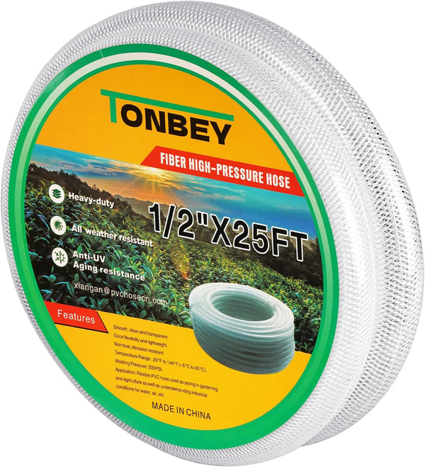 1/2" ID x 25 Ft High Pressure Clear Flexible PVC Tube, Heavy Duty Braided Plastic Vinyl Tubing for Industrial Use