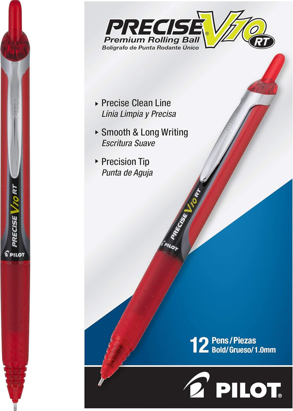 Pilot Precise V10 RT Refillable & Retractable Rolling Ball Pens, Bold Point 1 mm, Black, Pack of 12