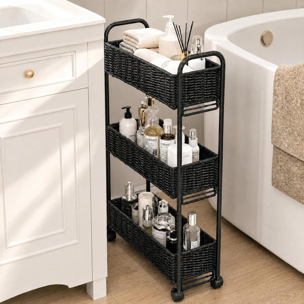 FOCHIER F Utility Slim Storage Cart,3-Tier Rolling Kitchen Office Laundry Room Cart,Mobile