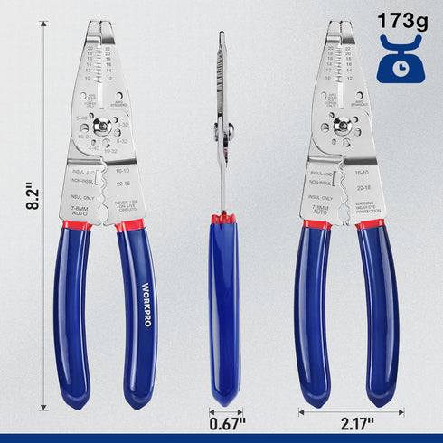 WORKPRO Wire Strippers Cutter, 8-inch Long Nose Wire Stripping Tool, Stainless Steel Wire Crimping Tools & Pliers, Multi-Function Hand Tool, Cuts 10-22 AWG by WORKPRO