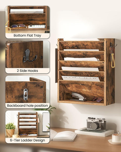 Wall File Organizer, 6-Tier Vertical Mount Hanging Holder with Vintage Wooden Magazine Storage Crate